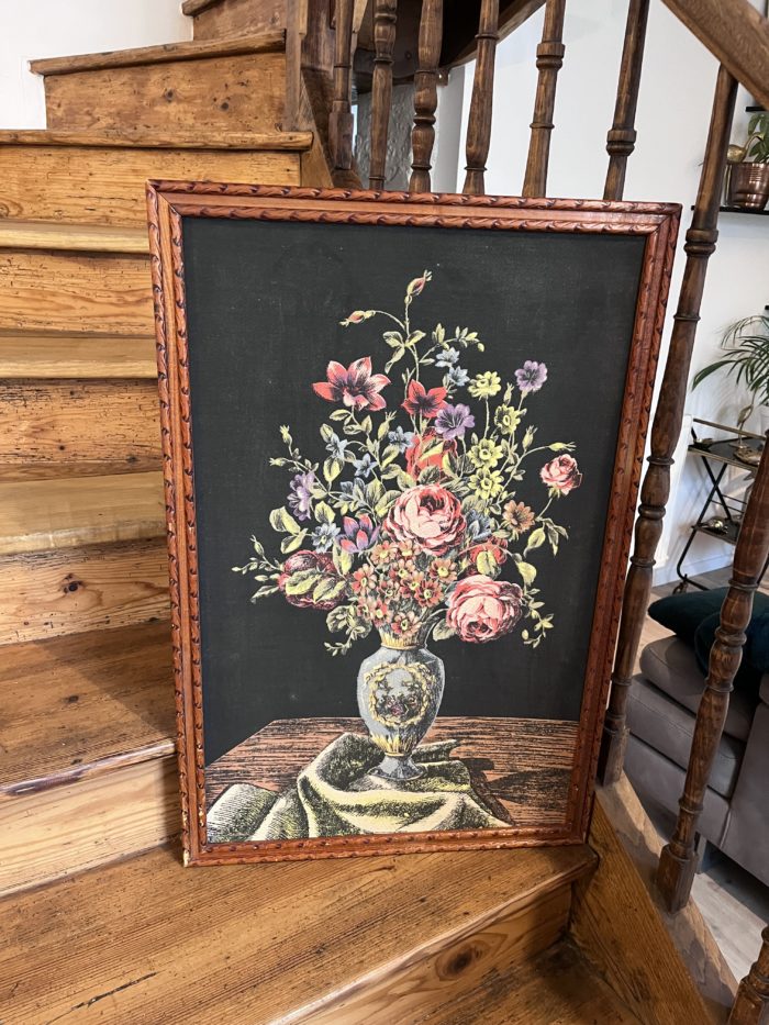 grand cadre tissu bouquet fleur vintage décoration brocante en ligne clemence pau
