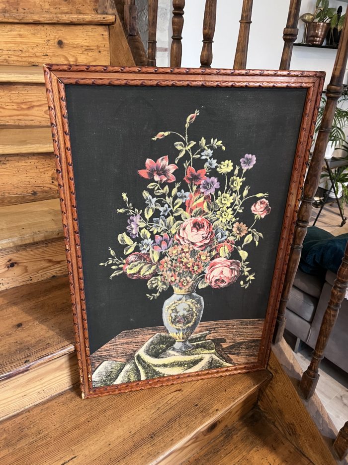 grand cadre tissu bouquet fleur vintage décoration brocante en ligne clemence pau